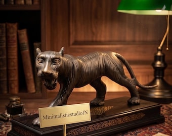 Antique Brass Tiger Statue | Handmade Metal Art Sculpture | 12 Inch