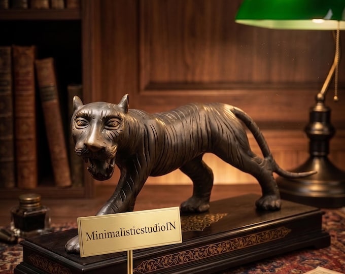 Antique Brass Tiger Statue | Handmade Metal Art Sculpture | 12 Inch