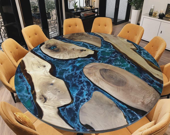 Ocean Blue Epoxy Acacia Wood Round Table Top | Luxury Coastal Dining Table | (Customisable)