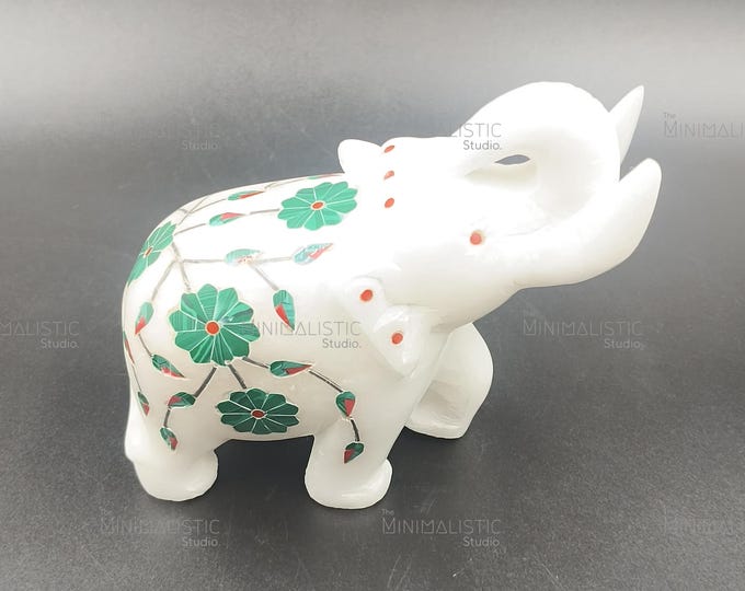 Makrana Marble Elephant Figurine | Green Stone Inlay, Indian Sculpture
