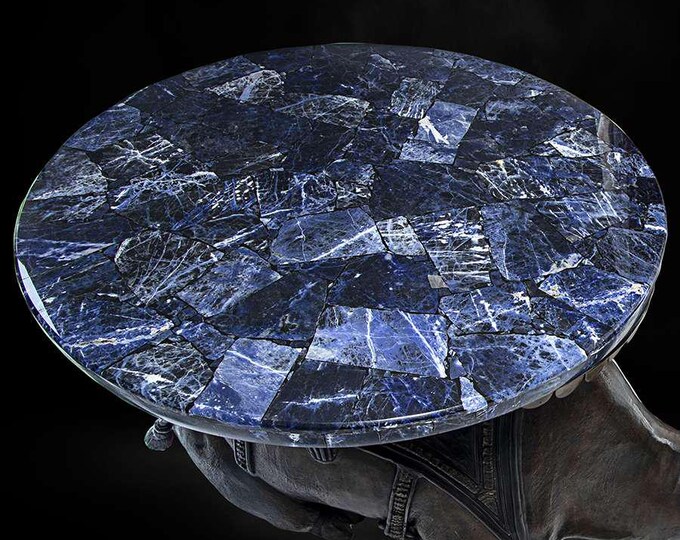 Round Sodalite Stone Table Top | Blue Gemstone Mosaic