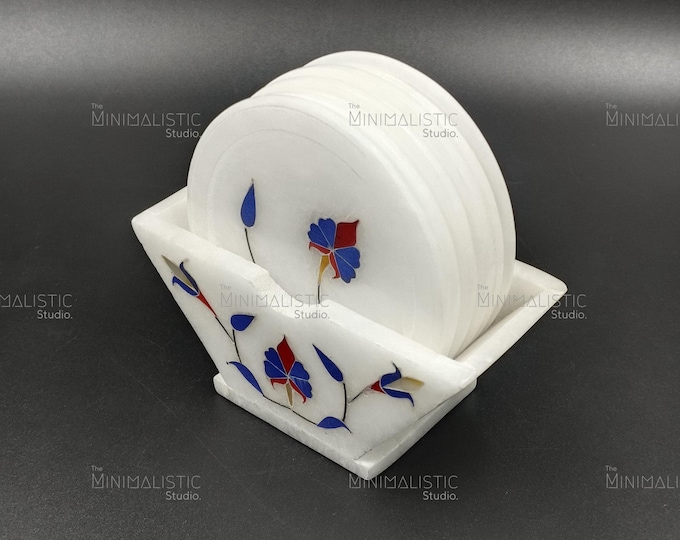 Handcrafted Marble Coaster Set | Blue Floral Inlay, Mughal Art