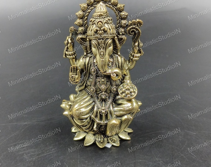 Golden Brass Ganesha Statue | 2.5 Inch Ganpati Idol, Lotus Base