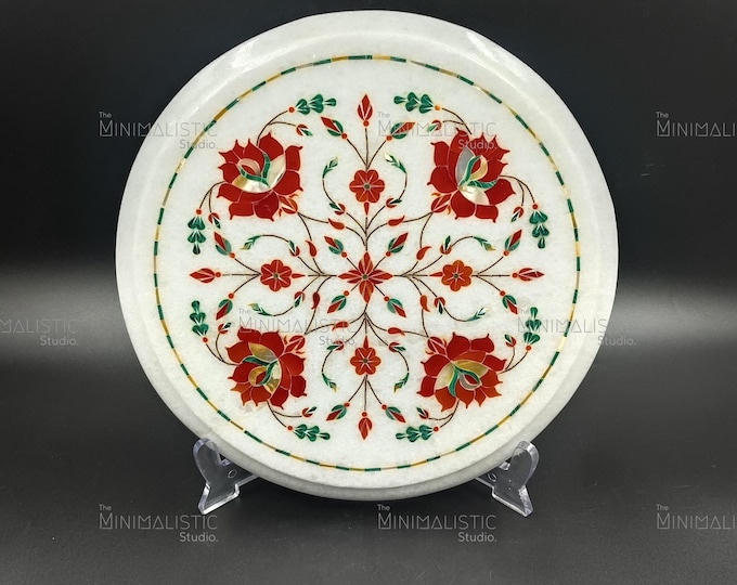 Handmade Makrana Marble Coaster, Pietra Dura Floral Inlay, Indian Home Decor