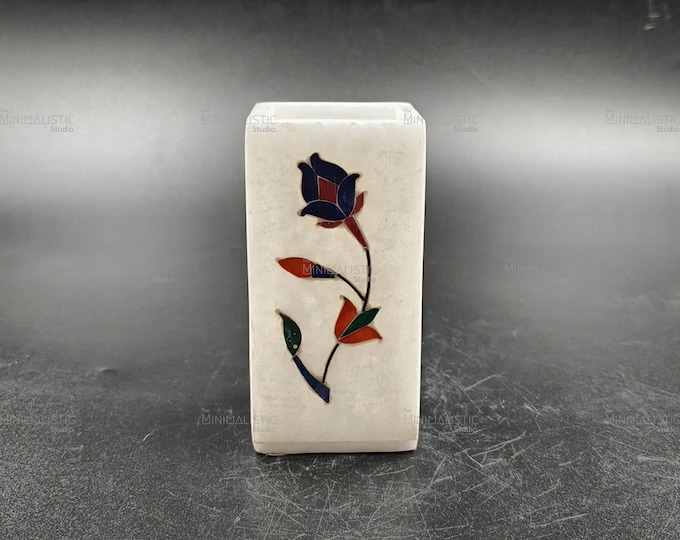 Handmade Marble Pen Holder | Floral Stone Inlay, Mughal Art