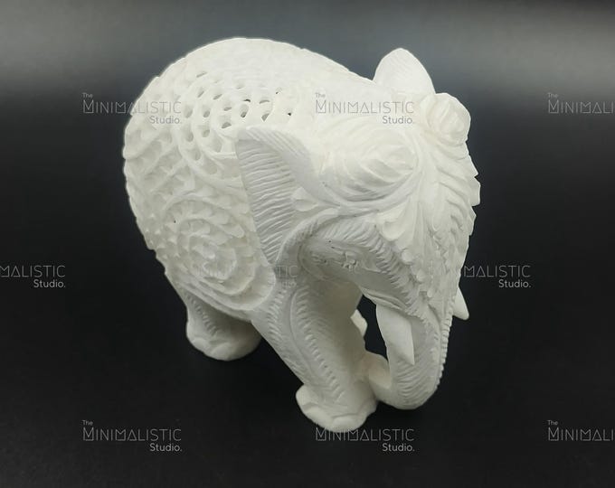 Hand-Carved Makrana White Marble Elephant Figurine | Indian Jali Decor