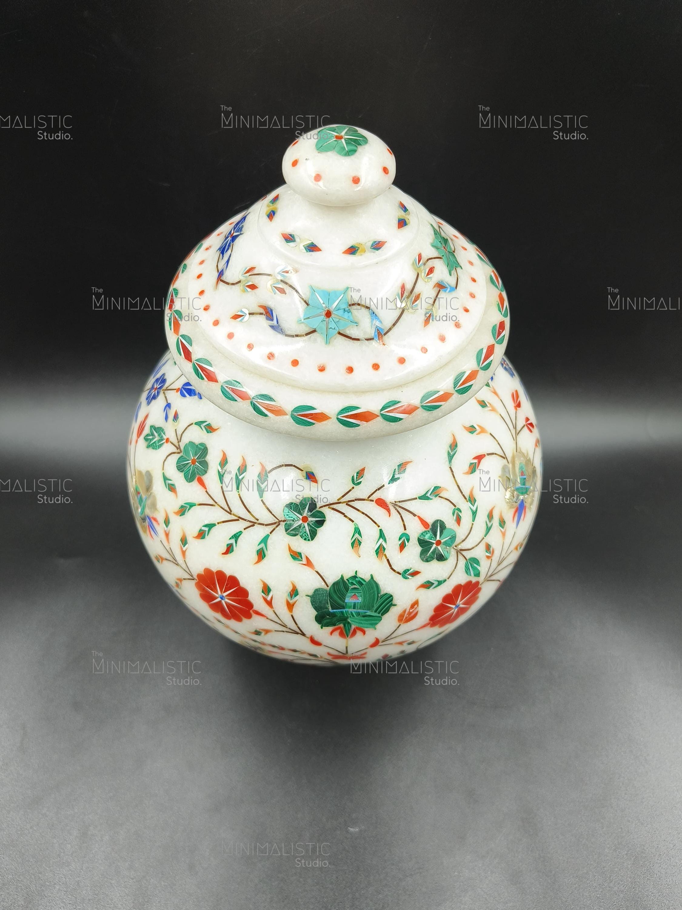 インド大理石 壺 マクラナ大理石花象嵌蓋付き瓶｜手作り石鉢｜装飾