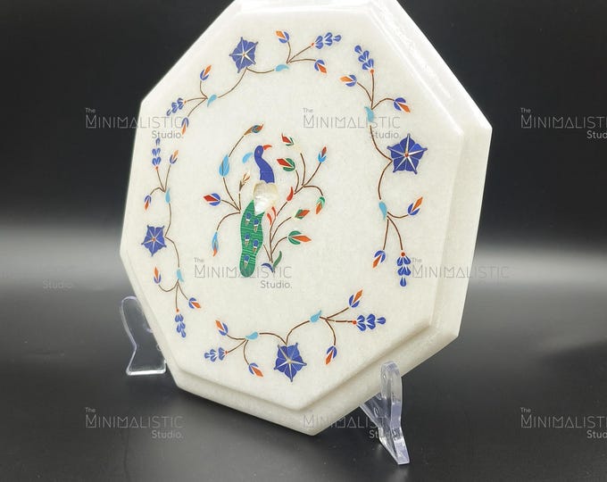 Handmade Marble Inlay Plate with Peacock | Octagon Decorative Art