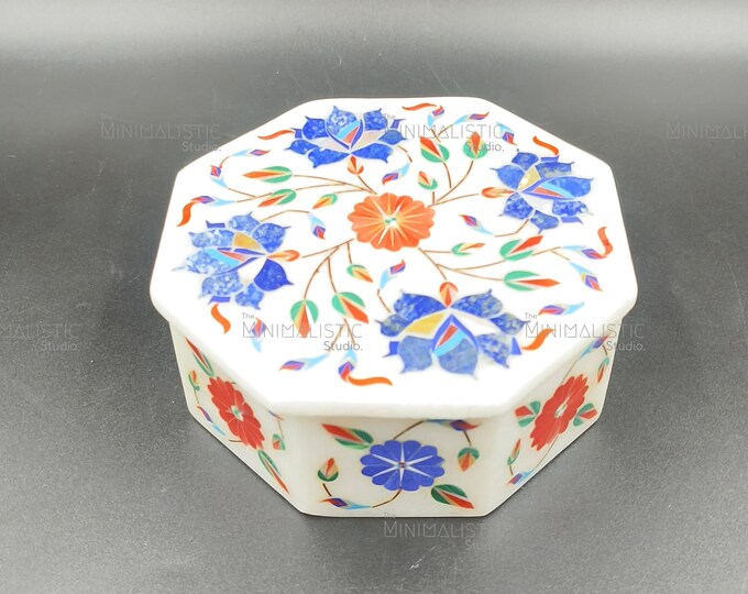 Handmade White Marble Octagon Box | Blue Floral Inlay, Pietra Dura Art