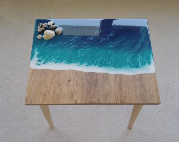 Square Ocean Wave Acacia Wood Epoxy Table Top | Beach-Themed Coffee Dining Table | (Customisable)