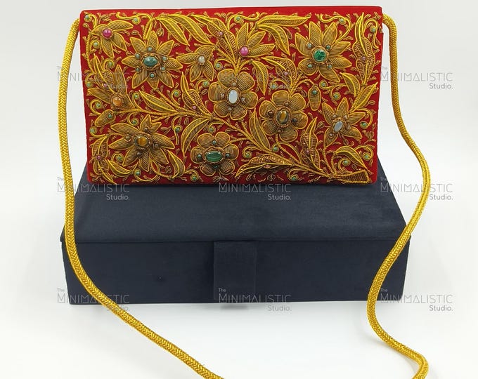 Handmade Zardozi Red Velvet Clutch | Gemstone Floral Embroidery