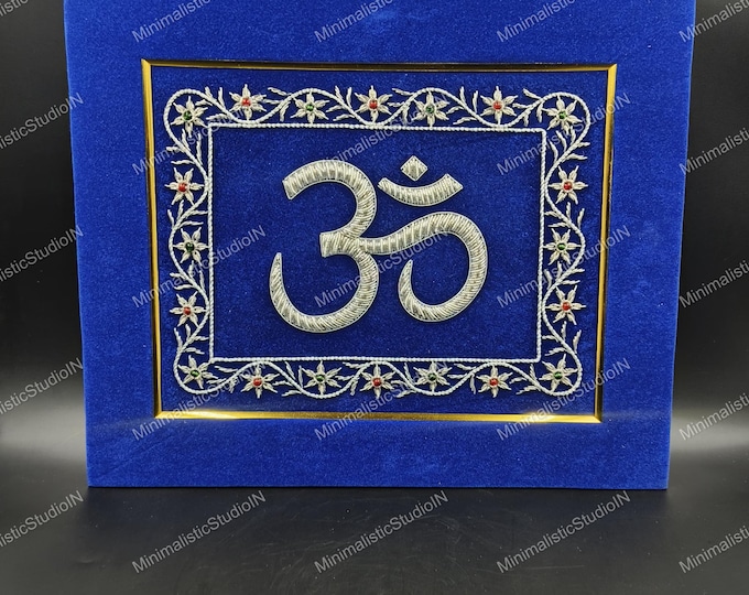 Silver Om Zardozi Art | Blue Velvet Hindu Decor