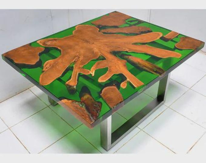 Acacia Wood Green Epoxy River Table Top | Live Edge, Modern