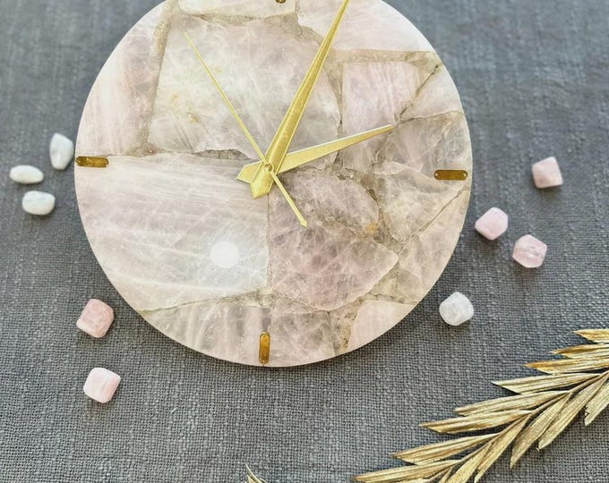 Round Rose Quartz Wall Clock | Natural Crystal Home Decor | Minimalist Gold Accent Timepiece
