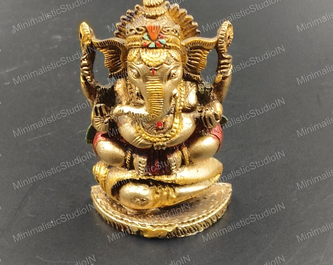 Handmade Resin Ganesha Statue | Golden Hindu Decor, 3 Inch