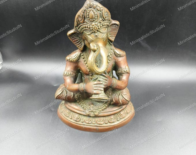 Brass Musical Ganesha Statue 10.5” | Playing Instrument Idol for Home Temple