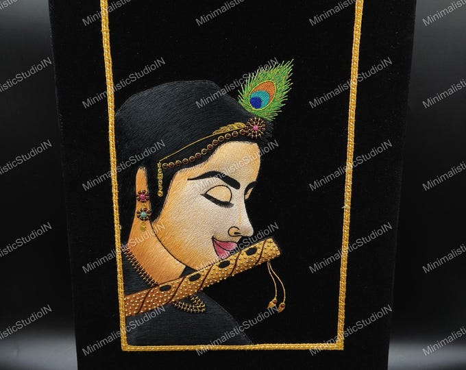 Krishna Face Zardozi Embroidery Art | Black Velvet, Framed Indian Decor