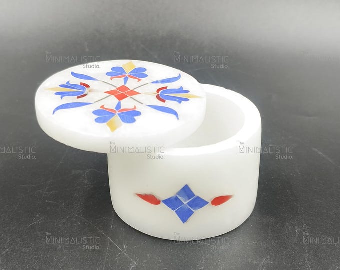Handcrafted White Marble Floral Inlay Box | Pietra Dura Trinket Holder