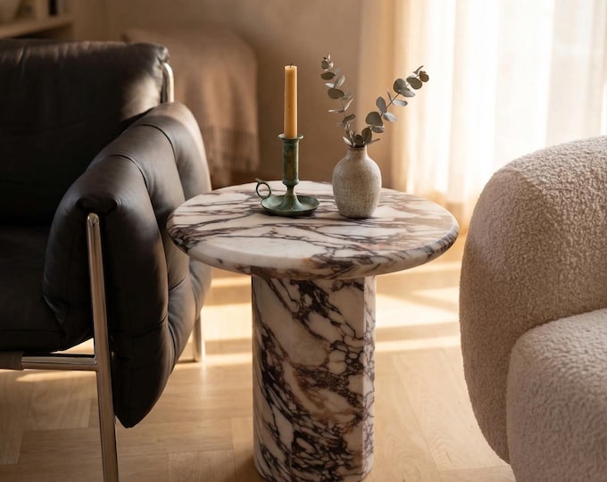 Calacatta Viola Marble Round Coffee Table | Drum Pedestal Round Legs | Handmade Luxury | (Customisable)