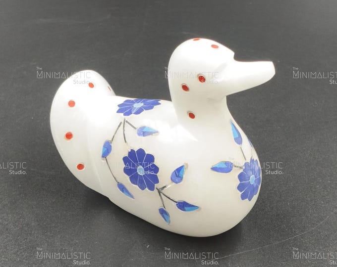Makrana Marble Duck Figurine | Gemstone Floral Inlay, Indian Decor