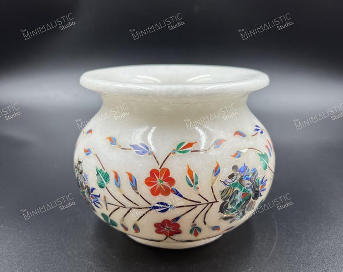 Handmade Makrana Marble Matka Pot | Floral Inlay Vase, Indian Decor