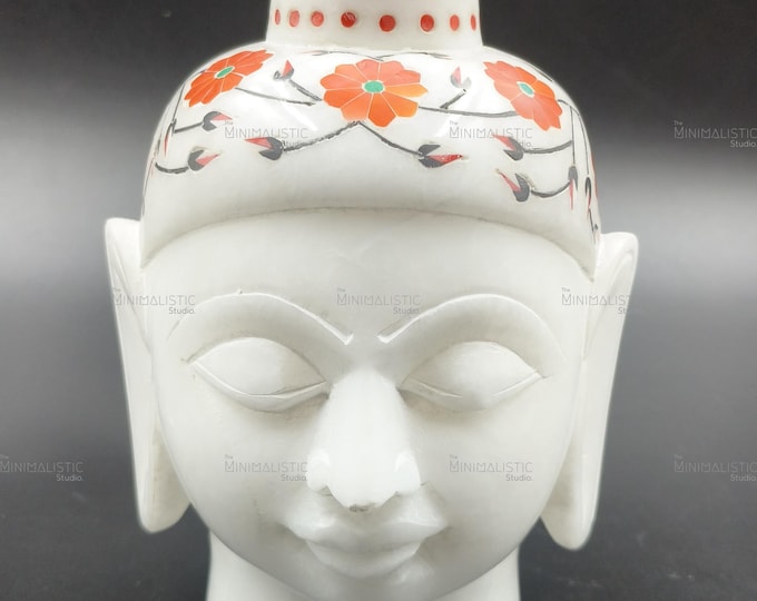 Handmade Marble Buddha Sculpture | Semi-Precious Stone Inlay Floral Art