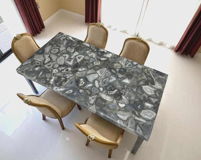 Rectangular White Grey Agate Table Top | Modern Gemstone l Dining Commerce Table,
