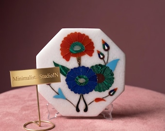 Marble Floral Plate | Octagon Home Decorative Plate | 4 Inch