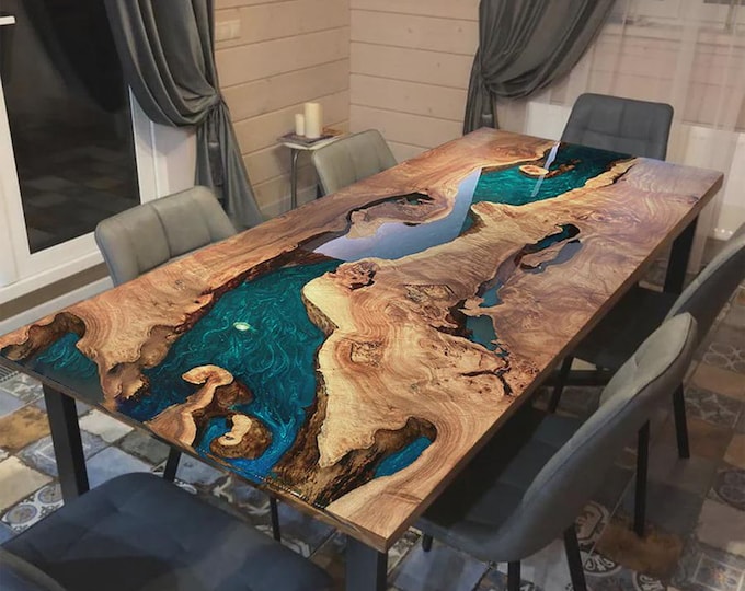Green Epoxy Acacia Wood River Table Top | Rectangular Live Edge Dining Coffee Table | (Customisable)
