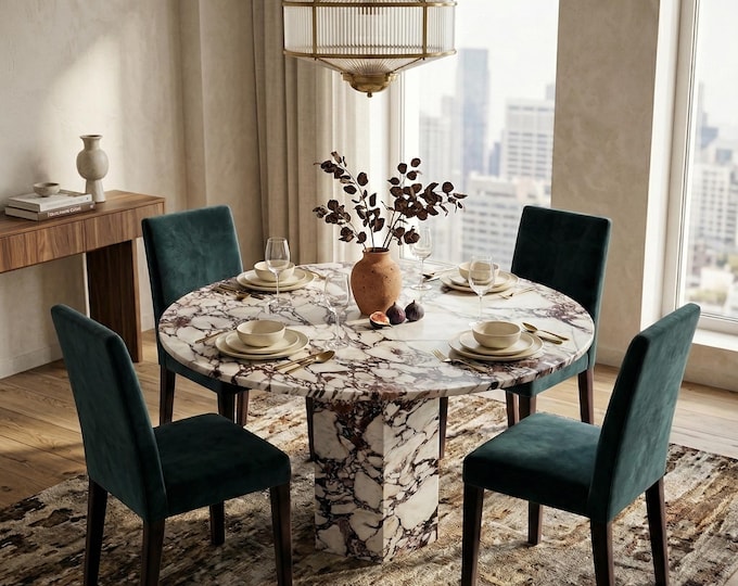 Calacatta Viola Marble Round Dining Table | Matching Base | Handmade Luxury | (Customisable)
