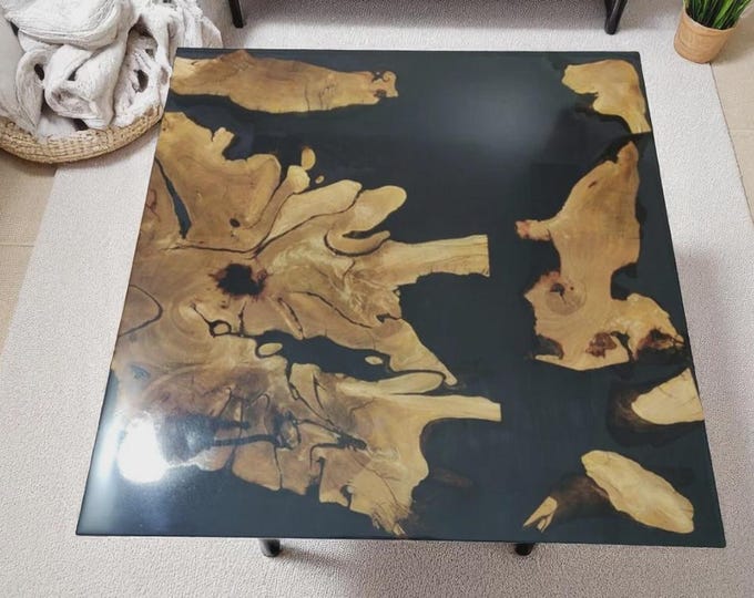 Live Edge Acacia Wood Black Epoxy Table Top | Square Handmade | Coffee Table (Customisable)