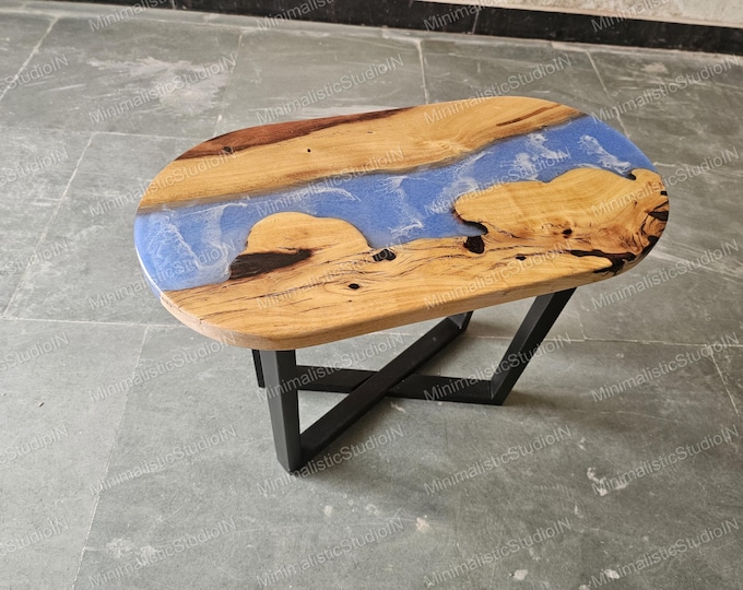 Handmade Acacia Wood River Table | Blue Epoxy Resin Art