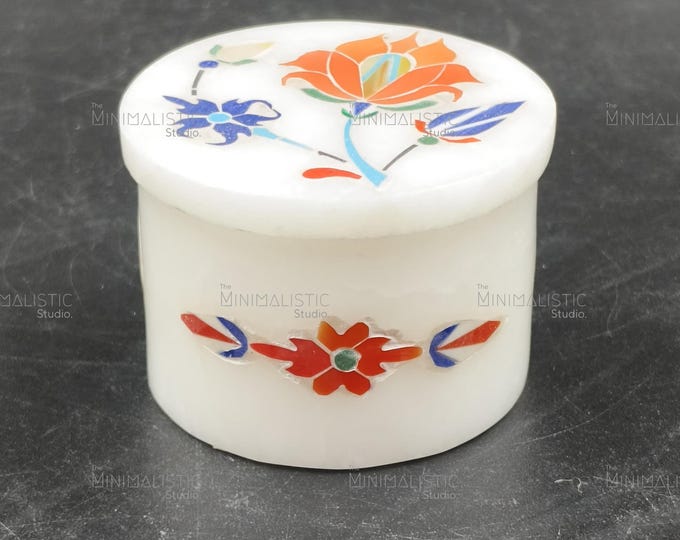 Handcrafted White Marble Inlay Trinket Box | Pietra Dura Floral Design