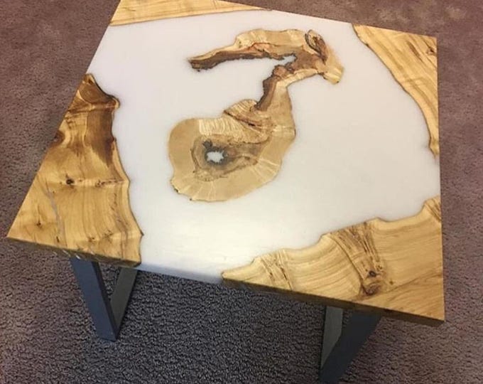 Live Edge Acacia Wood White Epoxy Table Top | Square Handmade | Coffee Dining Table | (Customisable)