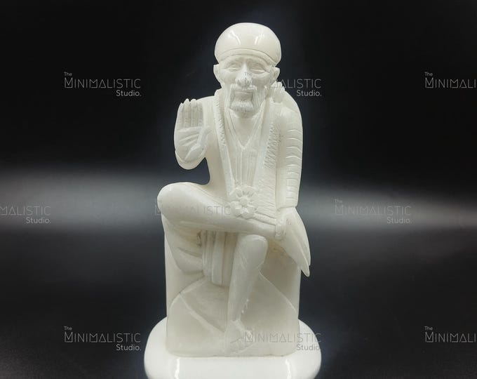Handcrafted White Marble Sai Baba Idol | Blessing Pose Statue | Hindu Spiritual Decor & Puja Gift