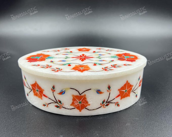 Handmade Marble Inlay Jewelry Box | Floral Pietra Dura Art