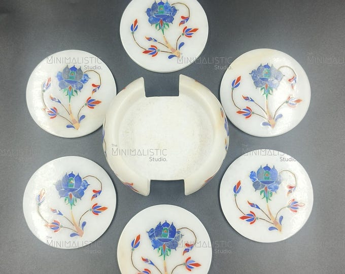 Handcrafted White Marble Coaster Set | Floral Pietra Dura Inlay