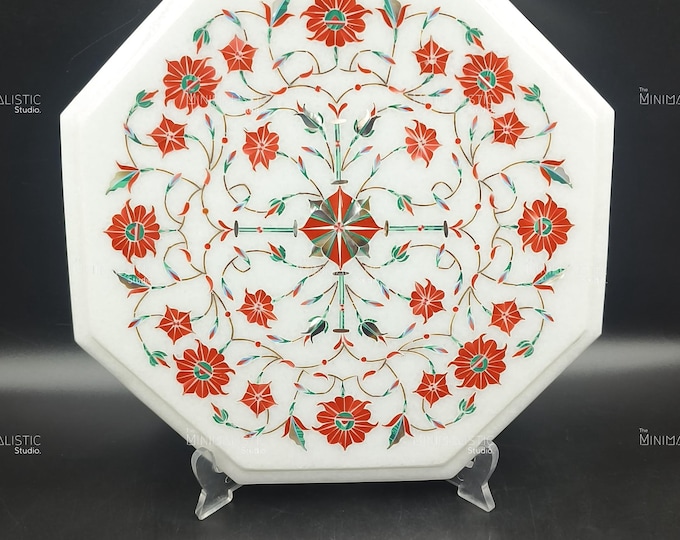 Handmade Marble Inlay Tabletop – Octagonal Pietra Dura Art |  Floral White Marble | Elegant Home Decor