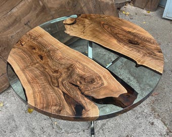 Round Clear Epoxy Acacia Wood Table Top | Transparent Resin River Dining Coffee Table | (Customisable)