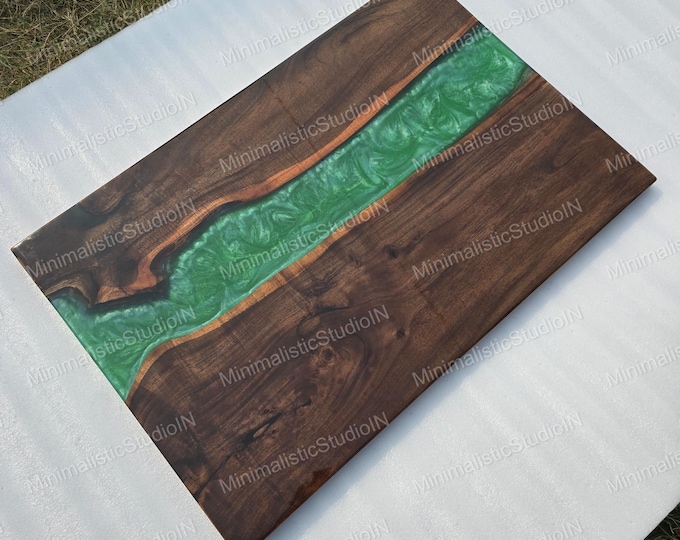 Handmade Acacia Wood Green Epoxy River Table Top | Custom Dining, Desk