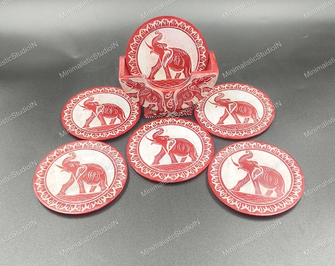 Red Elephant Marble Coaster Set 3.5” | Set of 6 with Holder for Luxury Tabletop & Vastu Decor