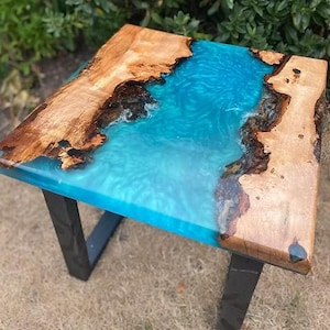 Square Blue Epoxy River Acacia Wood Table Top | Live Edge | Modern Side Table Top | Coffee Table Top | (Customizable)