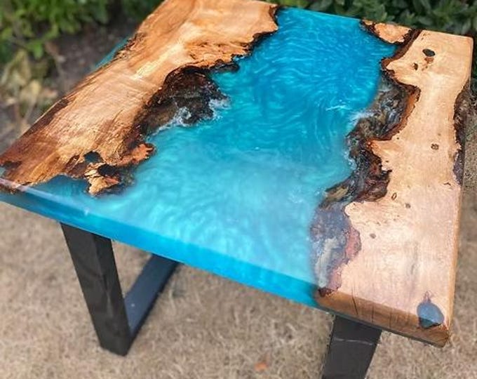 Handmade Square Blue Epoxy River Acacia Table Top | Live Edge Modern