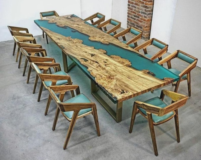 Acacia Wood Green Epoxy River Table Top | Live Edge Dining or Conference
