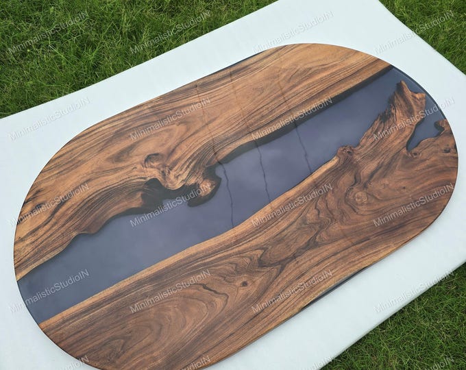Handmade Oval Acacia Wood Black Epoxy Table Top | Live Edge Dining, Coffee, Conference
