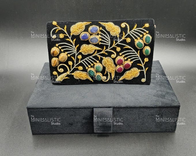 Black Velvet Zardozi Gemstone Clutch | Gold Floral Evening Bag