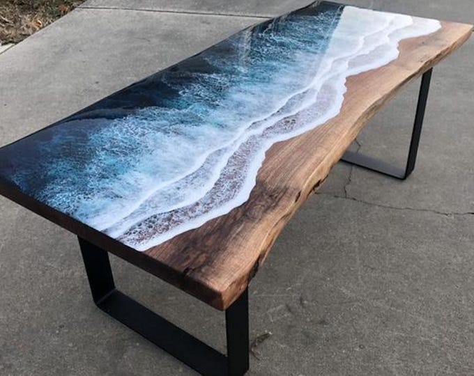 Acacia Wood Ocean Wave Table Top | Live Edge Resin Beach Art
