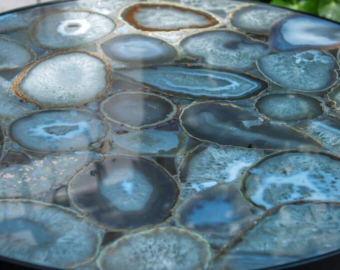 Round Blue Agate Table Top | Luxury Gemstone | Crystal Modern Designer Dining Coffee Table | (Customisable)