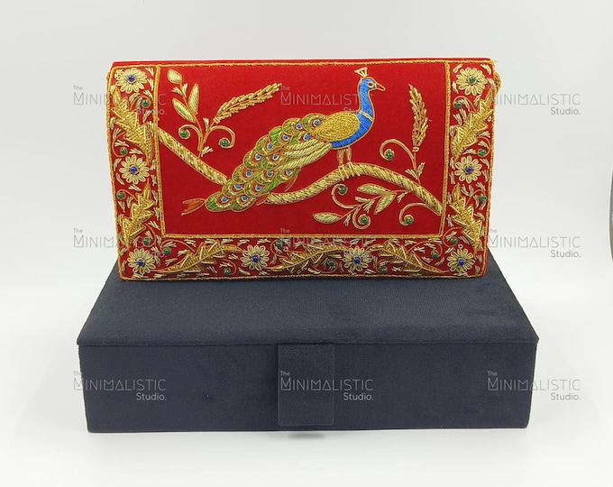 Handmade Red Velvet Zardozi Clutch | Embroidered Peacock Evening Bag