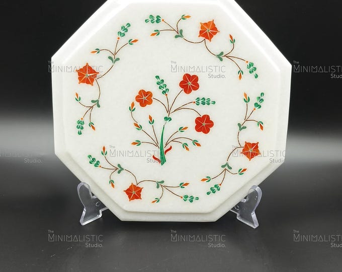 Gemstone Marble Inlay Plate | Handmade Floral Art Decor with Stand